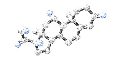Drawing: cortisol, the body’s stress hormone, as a molecule in black, with its 5 oxygen atoms in blue.